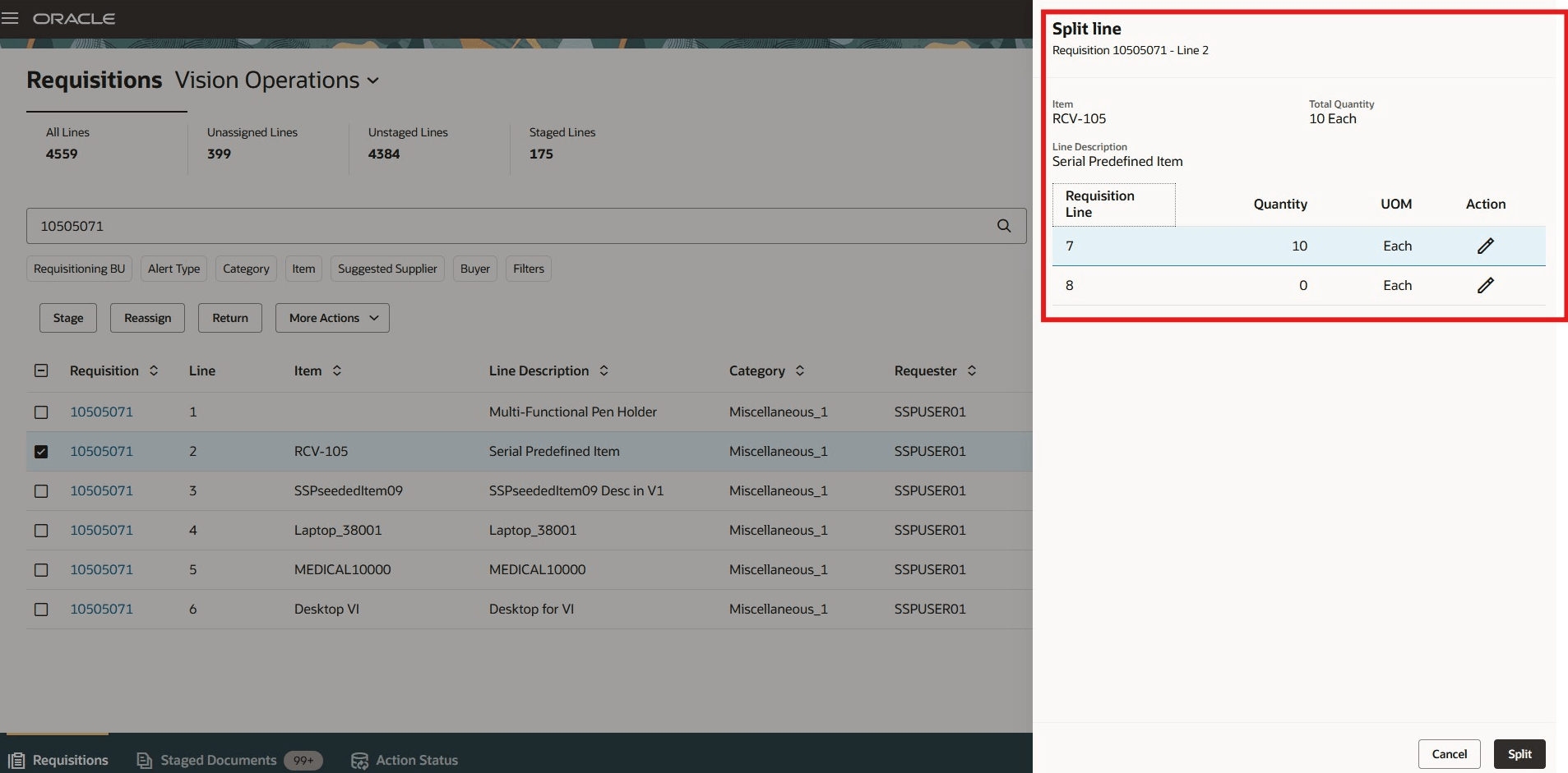 Split Requisition Line Drawer