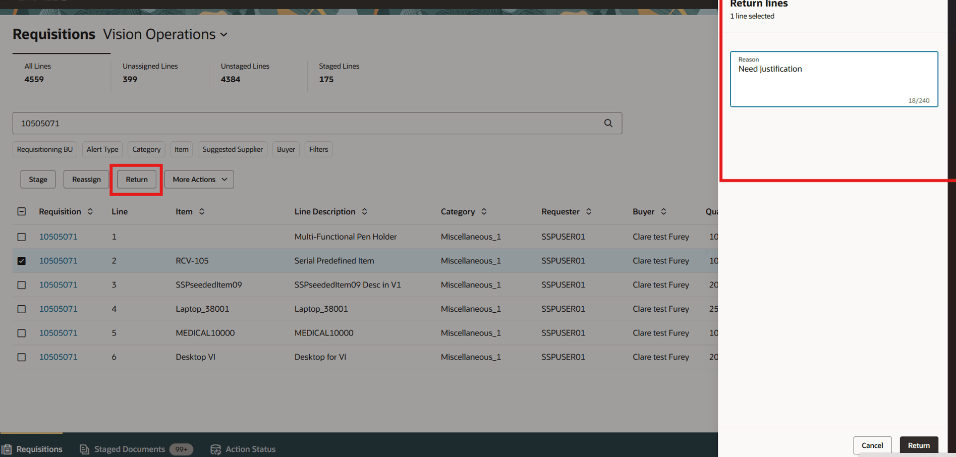 Return Requisition Line