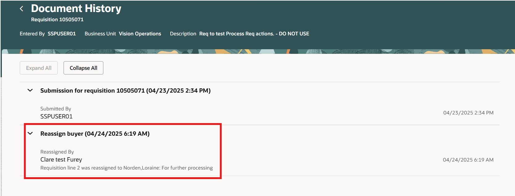 Document History of Requisition Line