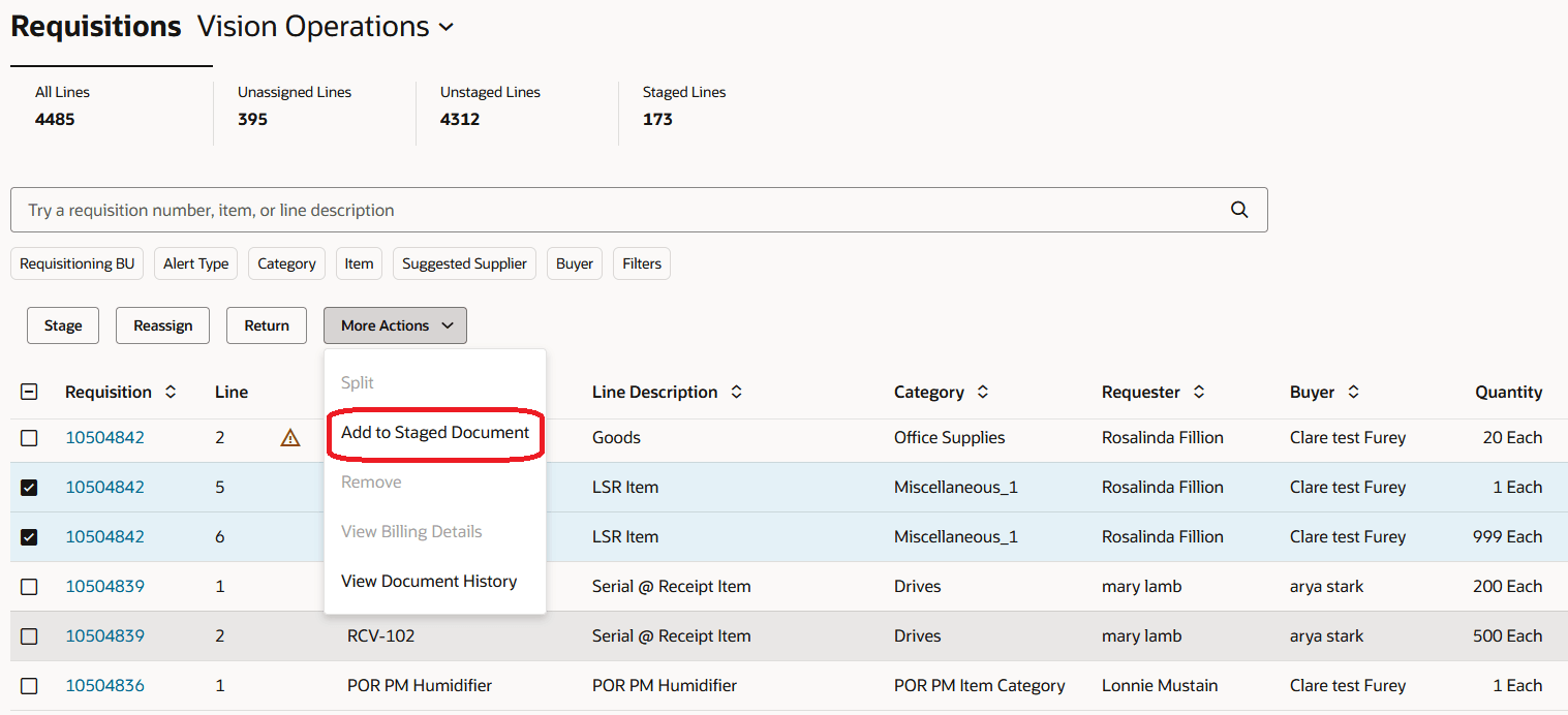 Add Requisition Lines to an Existing Staged Document
