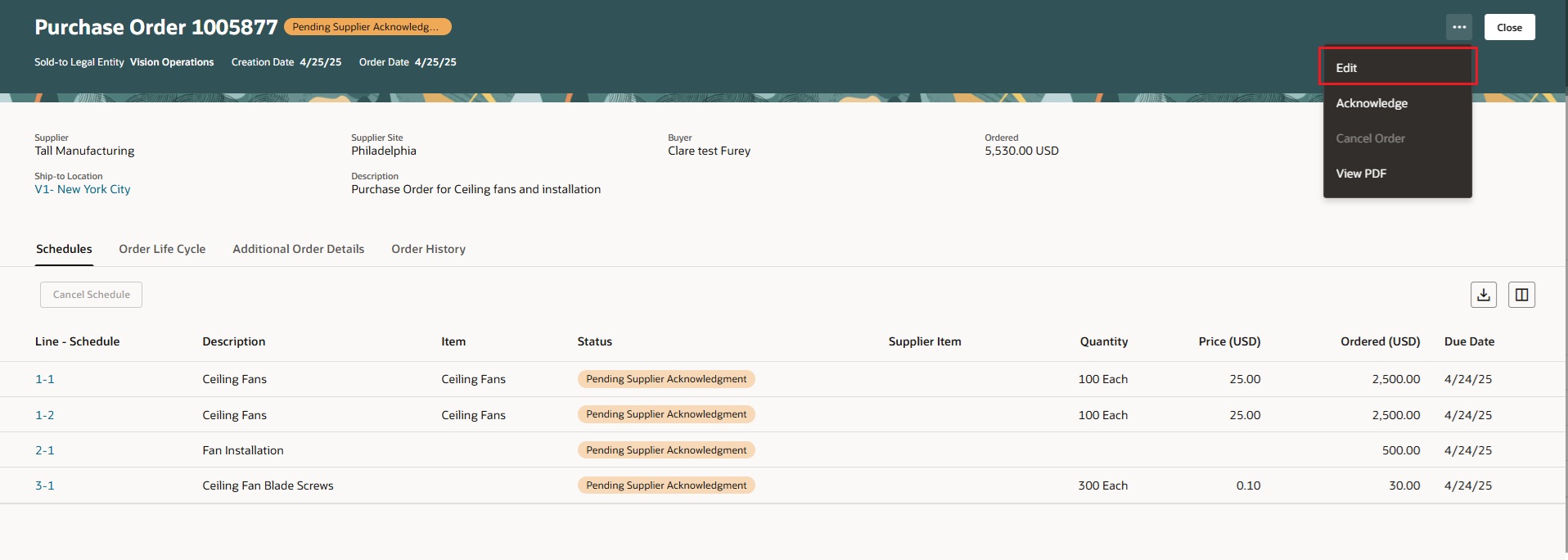 Create change order using edit option on purchase order