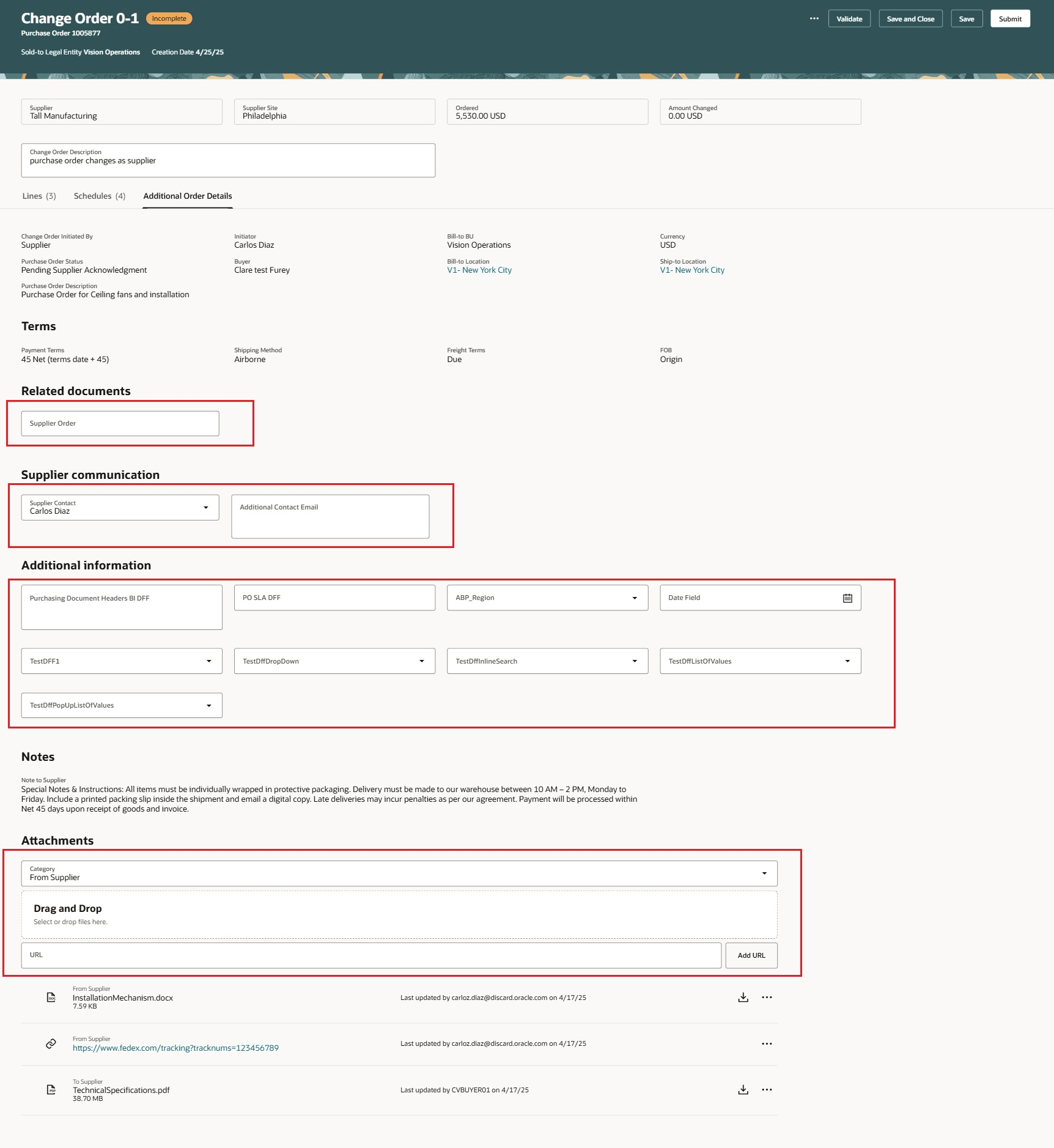 Edit Change Order Header attributes by navigating to ‘Additional Order Details’ tab
