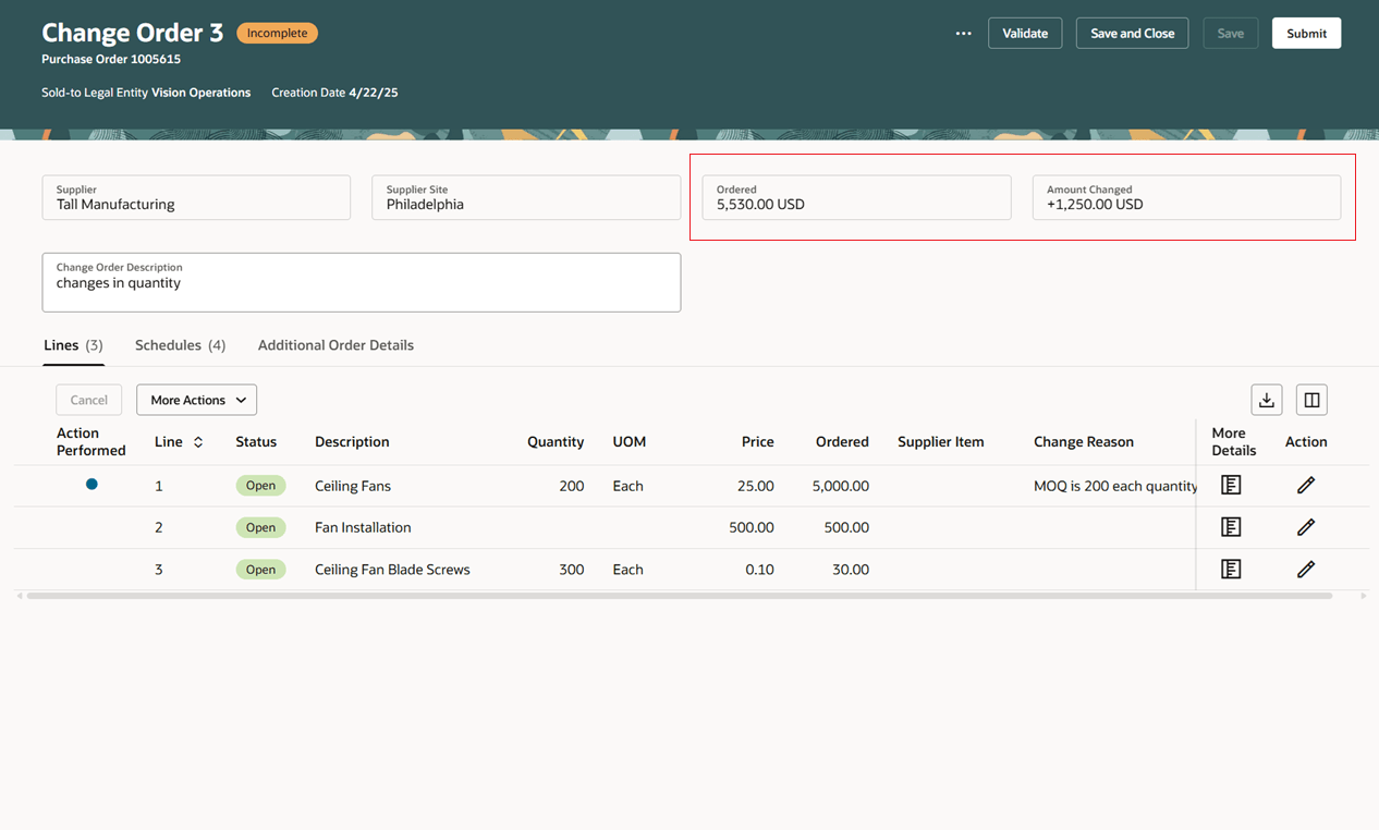 Ordered and Amount Changed on Change Order Header