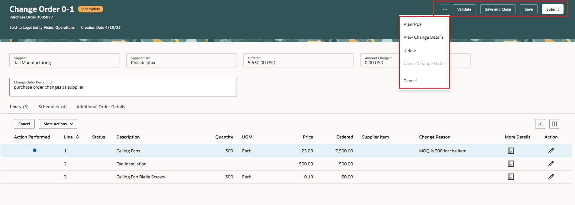 Actions on the Edit Change Order Page for Supplier