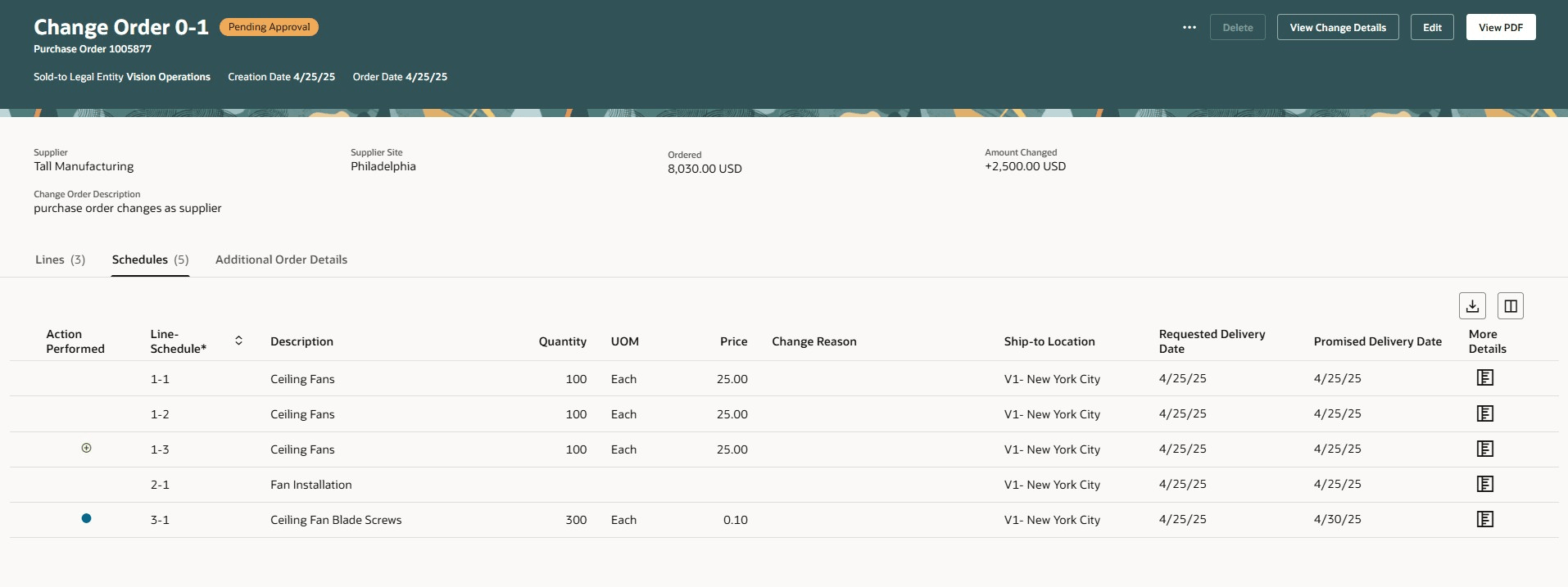 Purchase Order Header and Lines on the View Change Order Page&nbsp;