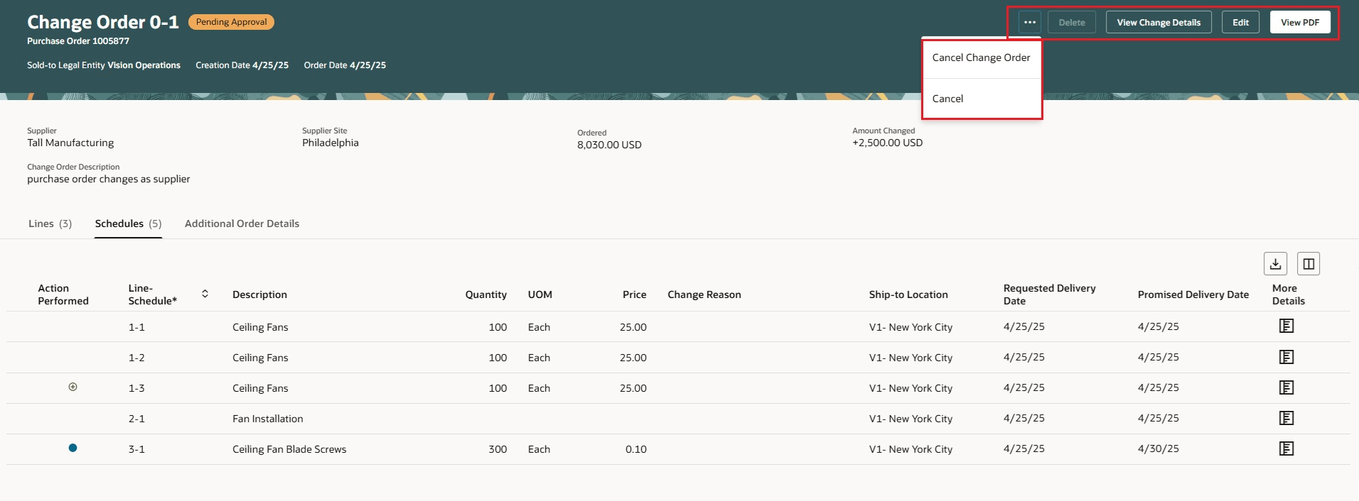 Actions on the View Change Order Page for Supplier
