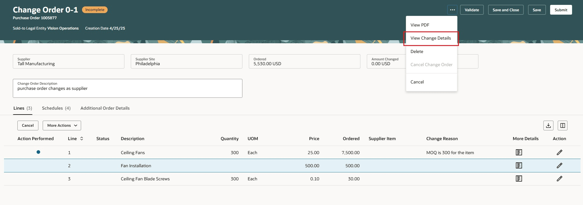 Use View Change Details Action to View Changes Proposed to an Active Purchase Order Version&nbsp;
