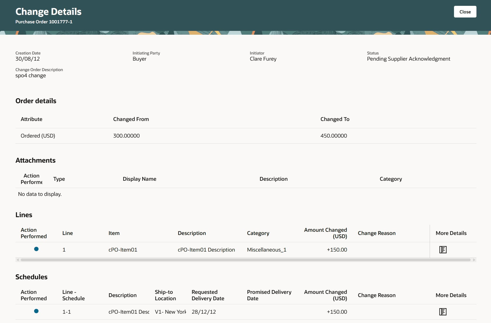 Use Change Details Page Indicating the Changes Proposed to an Active Purchase Order Version&nbsp;