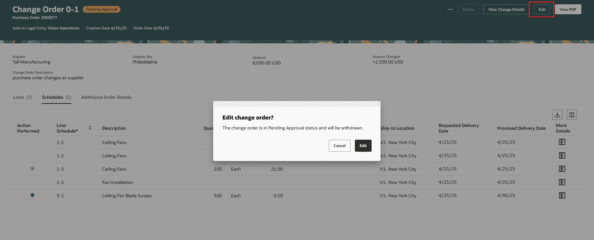 Dialog Message When You Edit a Change Order in Pending Approval Status