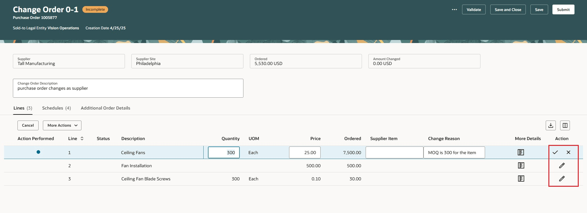 Edit Change Order Line Using the Row-Level Edit Option