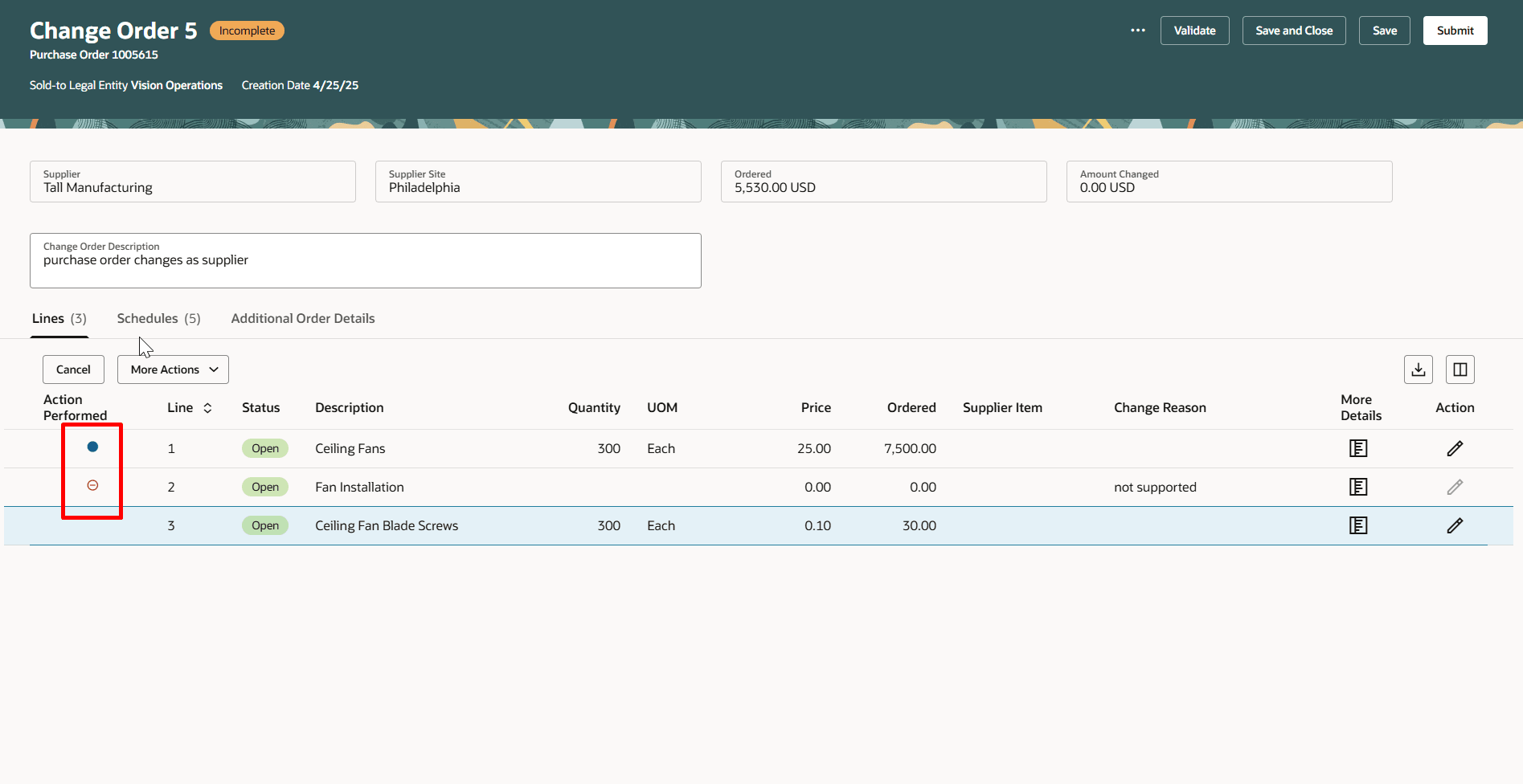 Action Performed Icons in the Change Order Lines Section