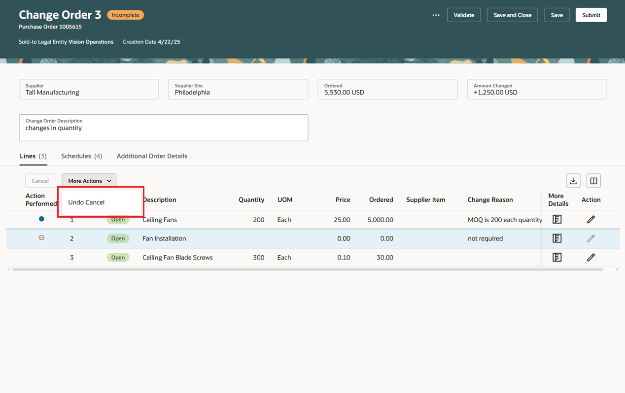 Use the Undo Cancel Button to Revert Changes on a Change Order Line