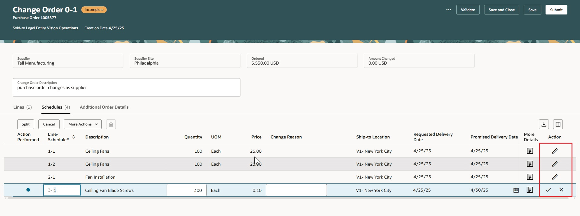 Edit Change Order Schedules Using the Row-Level Edit Option
