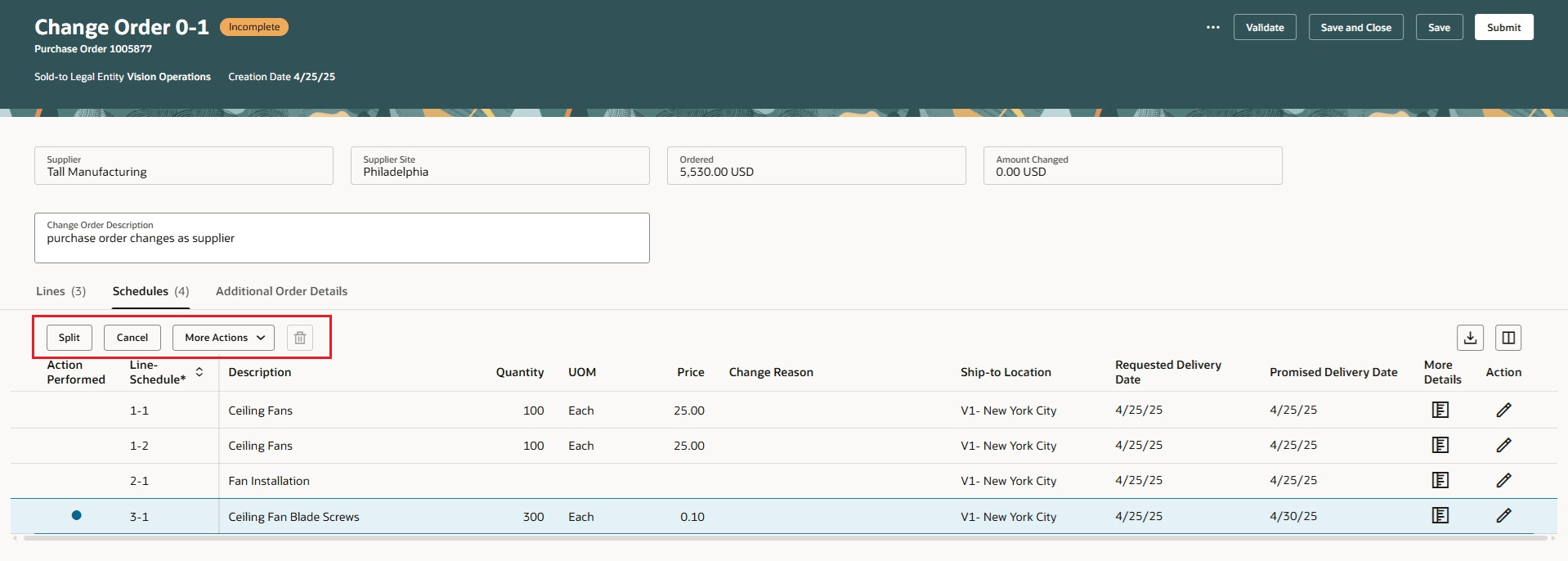 Split, Cancel, Undo Cancel, Delete row-level options on change order schedule