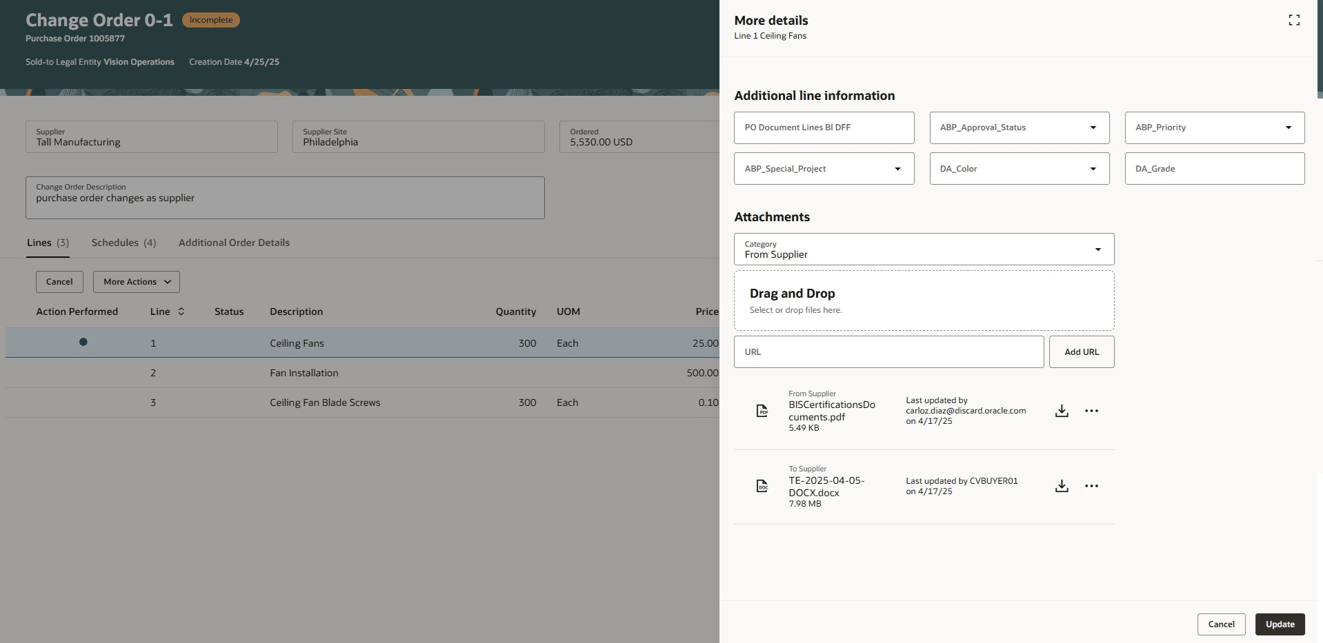 More details Drawer on the Change Order Line