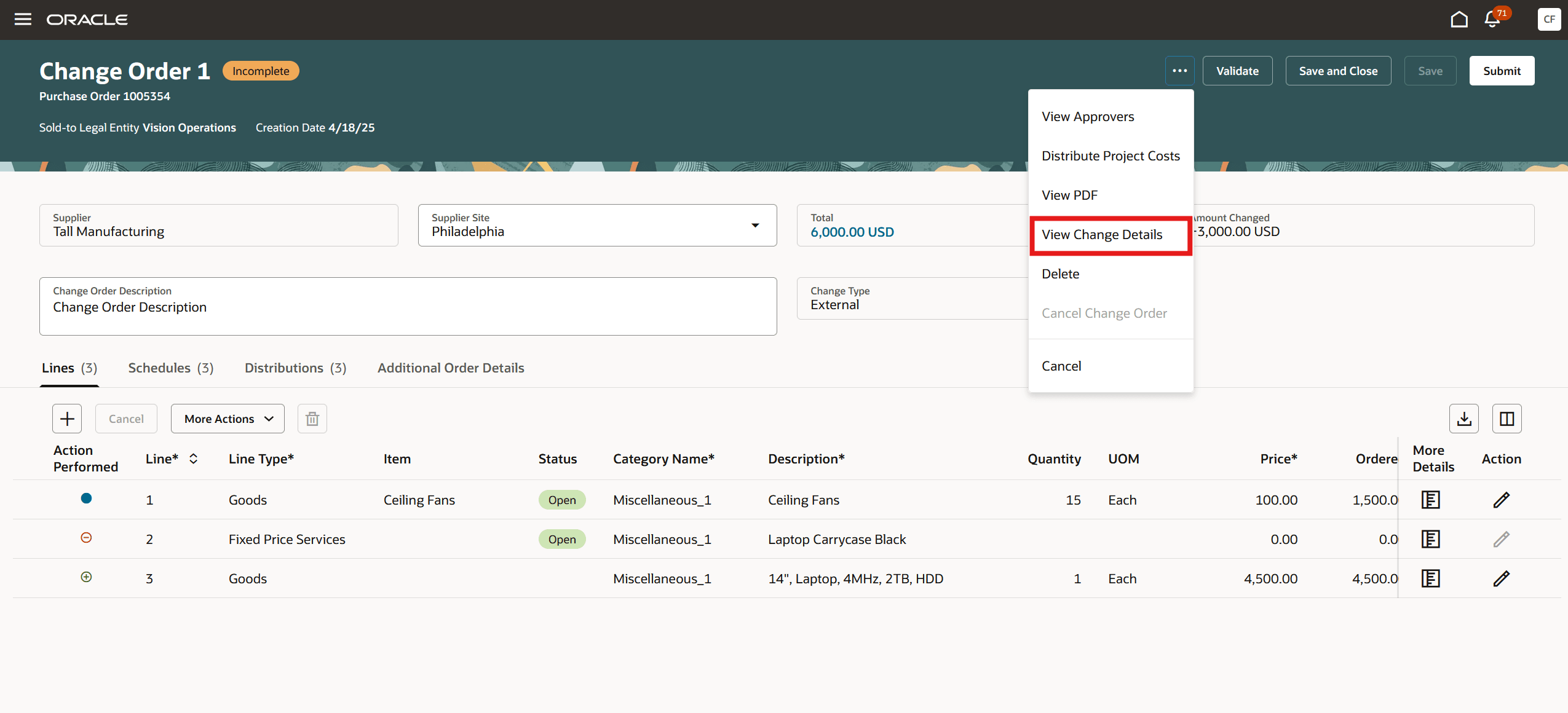 View Change Details Action on the Edit Change Order Page