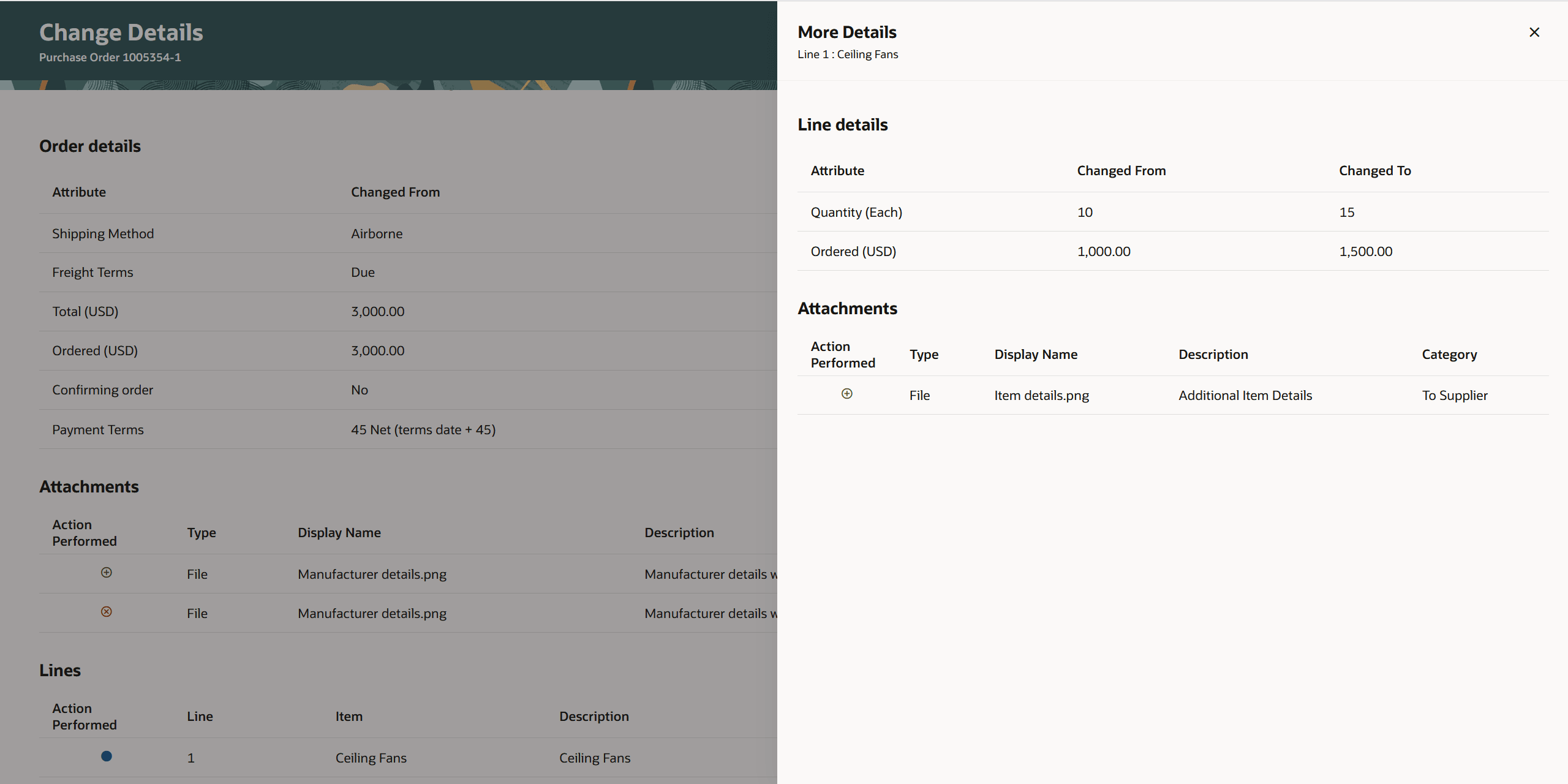 More Details Drawer for Purchase Order Line Changes