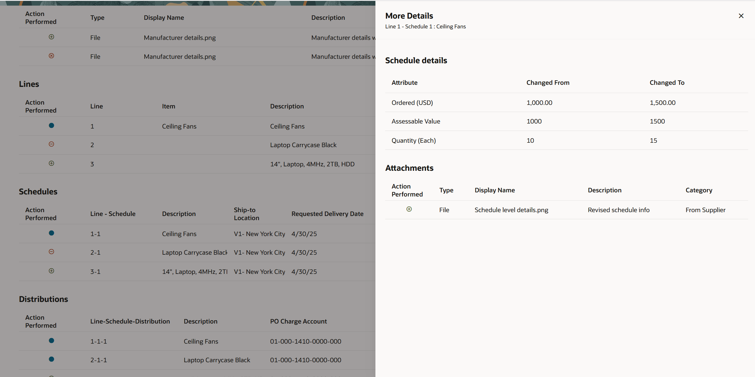 More Details Drawer for Purchase Order Schedule Changes