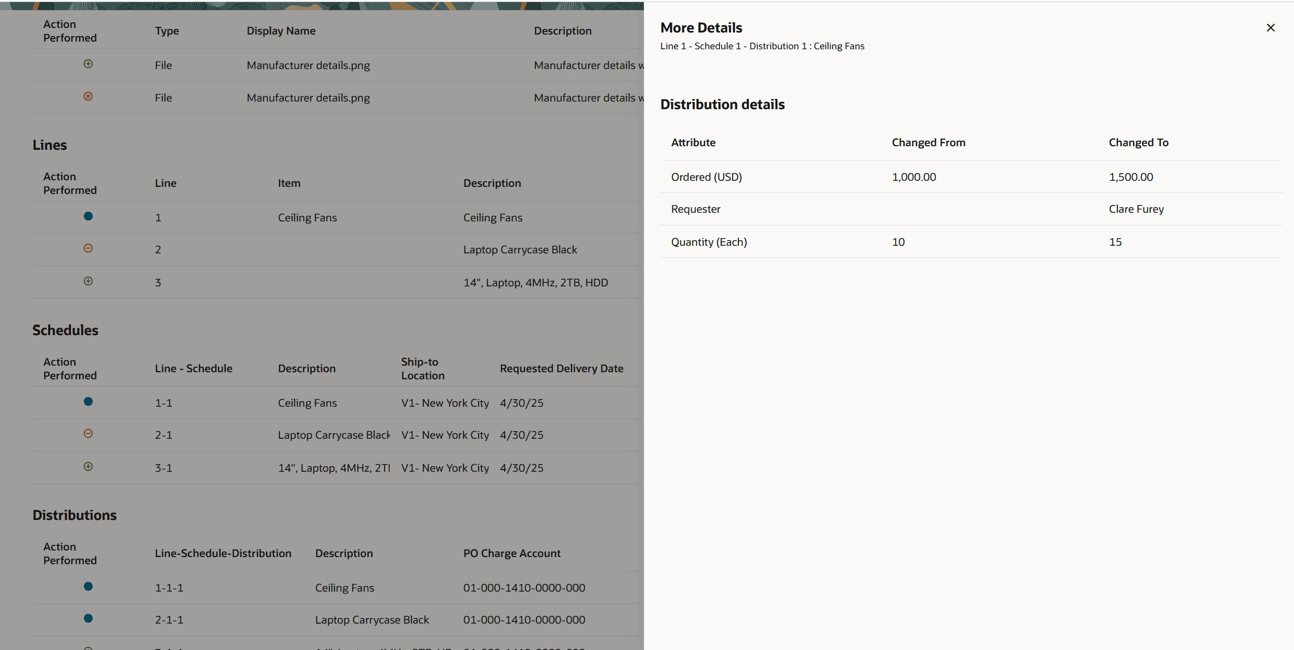 More Details Drawer for Purchase Order Distribution Changes