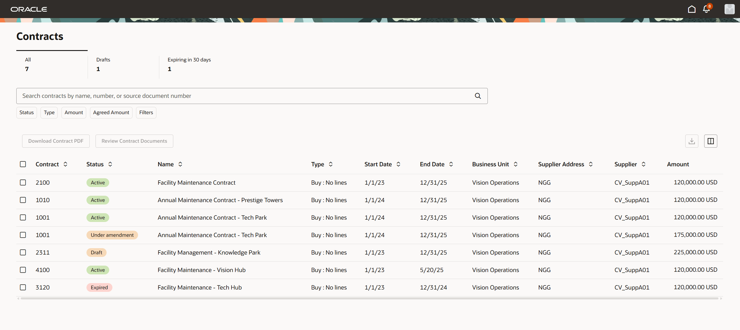 Supplier Portal Contracts Landing Page