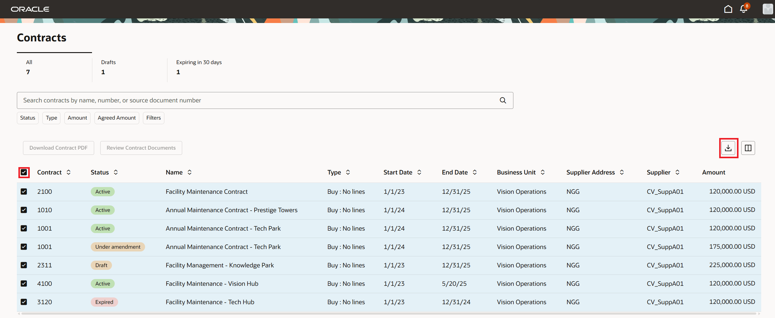 Supplier Portal Contracts - Export