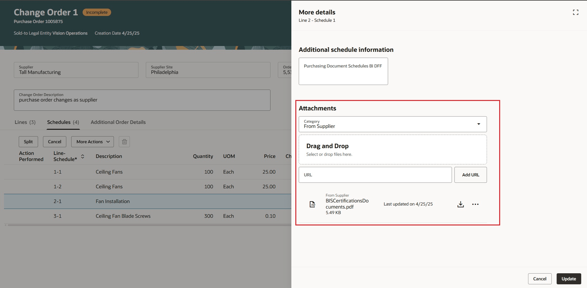 Attachments can be added on Purchase Order Schedule in More Details drawer