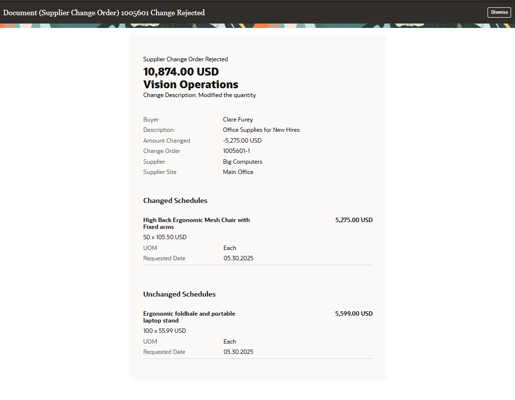 Purchase Order Supplier Change Order Rejected&nbsp;Notification