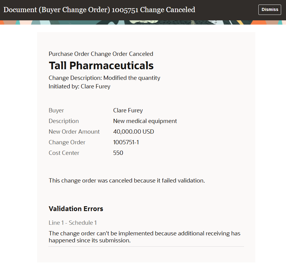 Change Order Canceled with Errors Notification