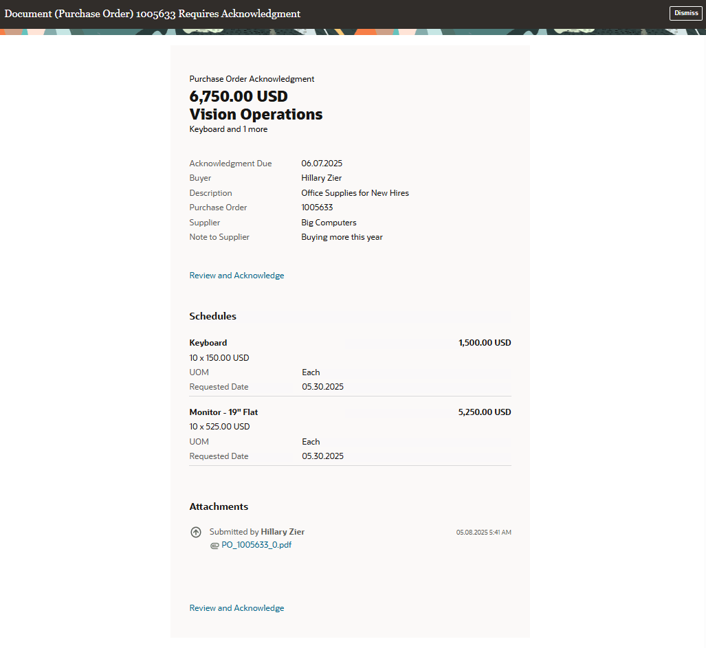Purchase Order Acknowledgment Requested FYI Notification