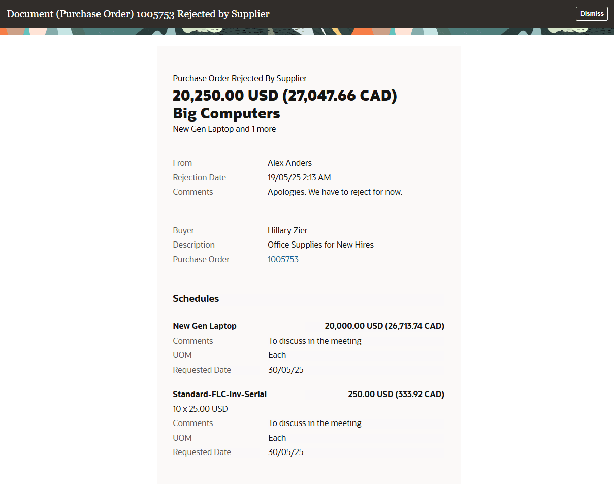 Purchase Order Acknowledgment Rejected FYI Notification