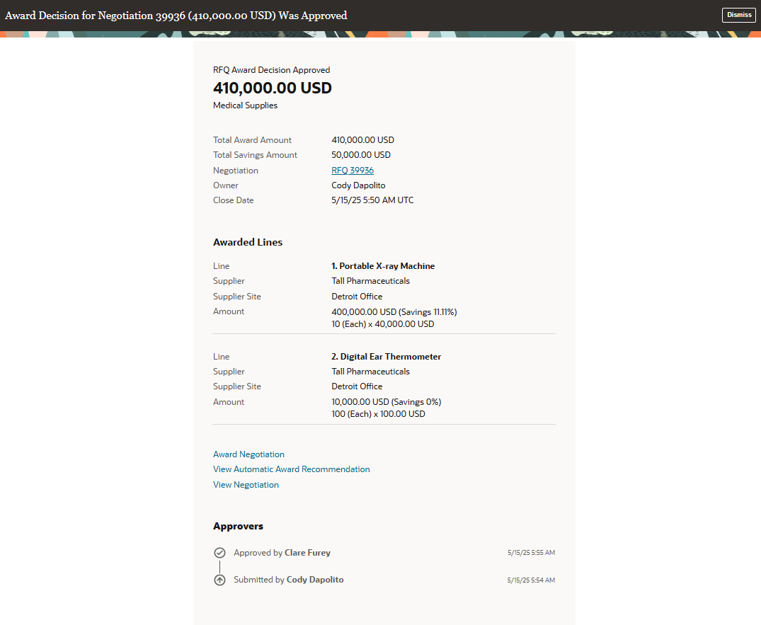 Award Approval FYI Notification