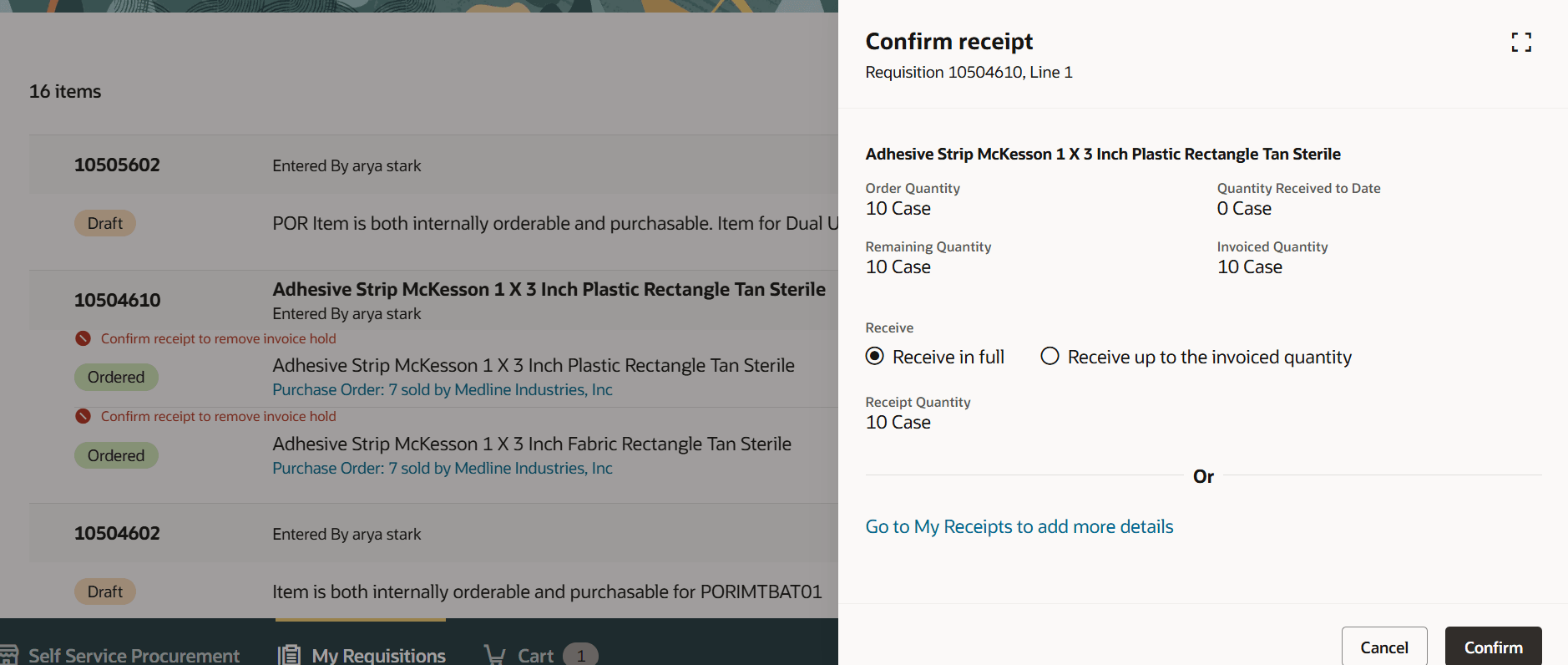 Confirm Receipt for Receipt Shortfalls