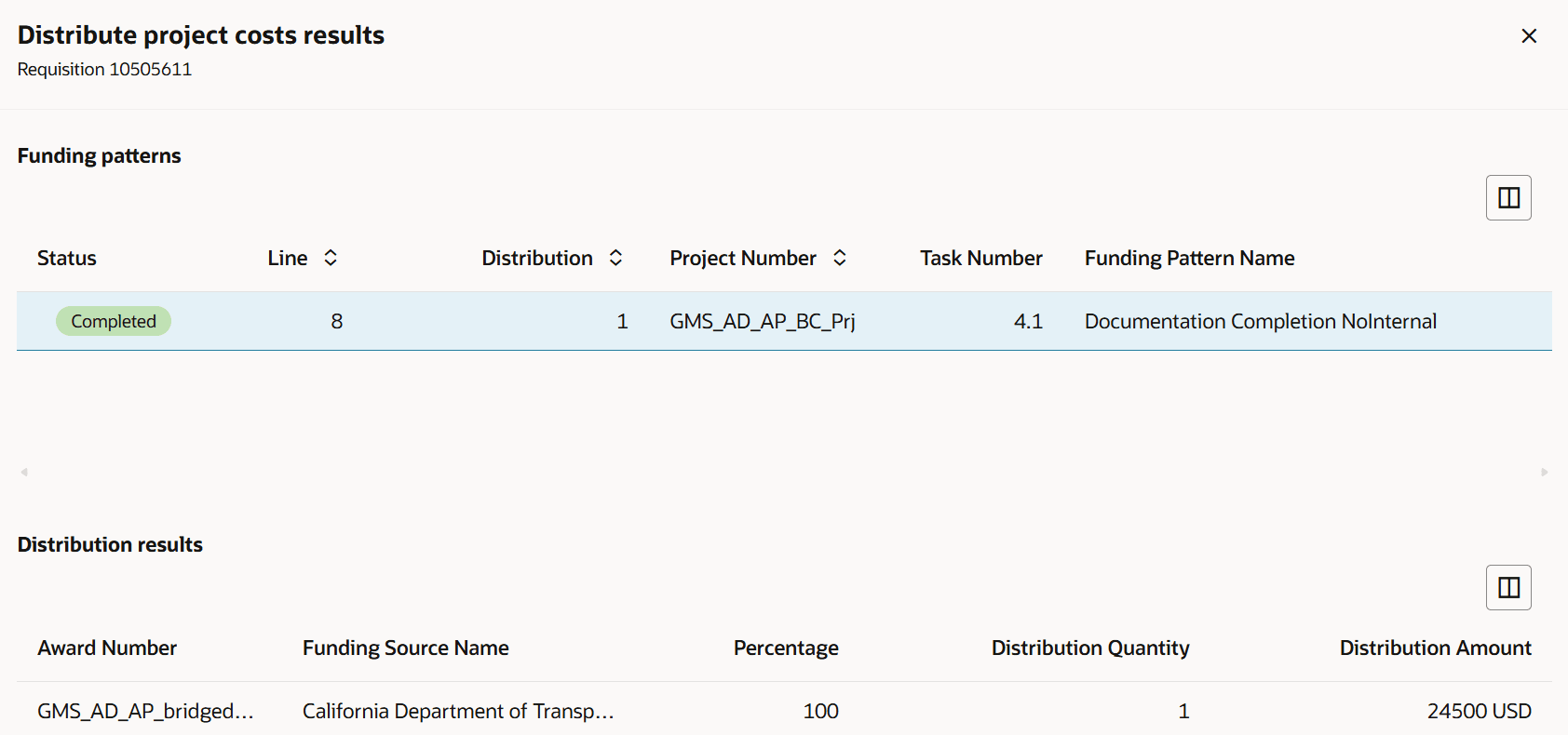 Results Display upon Successful Allocation of Project Costs