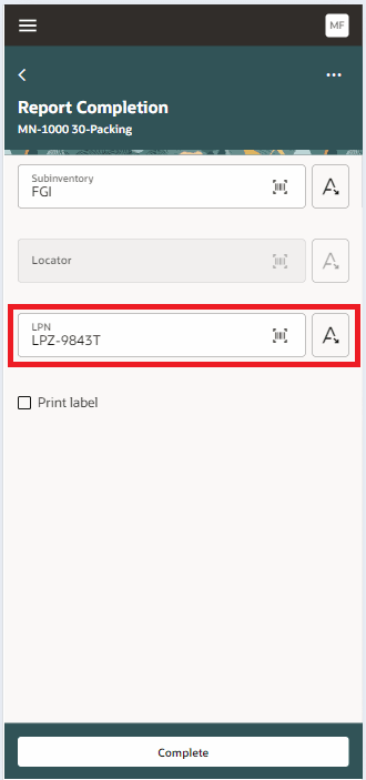 Scan or Select an LPN while performing an Operation Completion Transaction using a Mobile Handheld Terminal