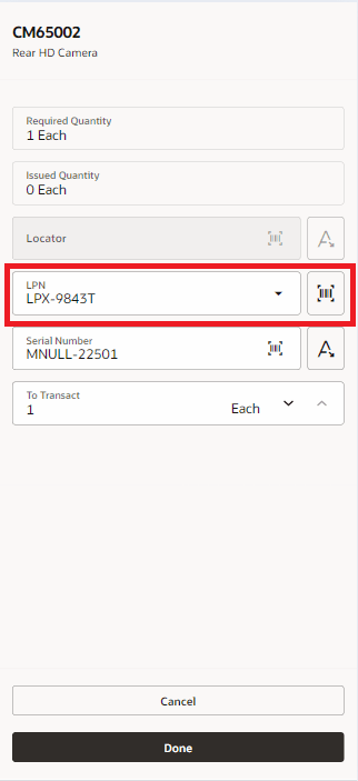 Scan or Select an LPN while reporting a Material Transaction using a Mobile Handheld Terminal