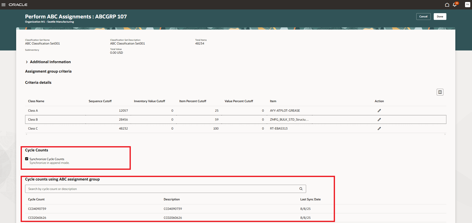 Perform ABC Assignment and Synchronize Cycle Counts UI