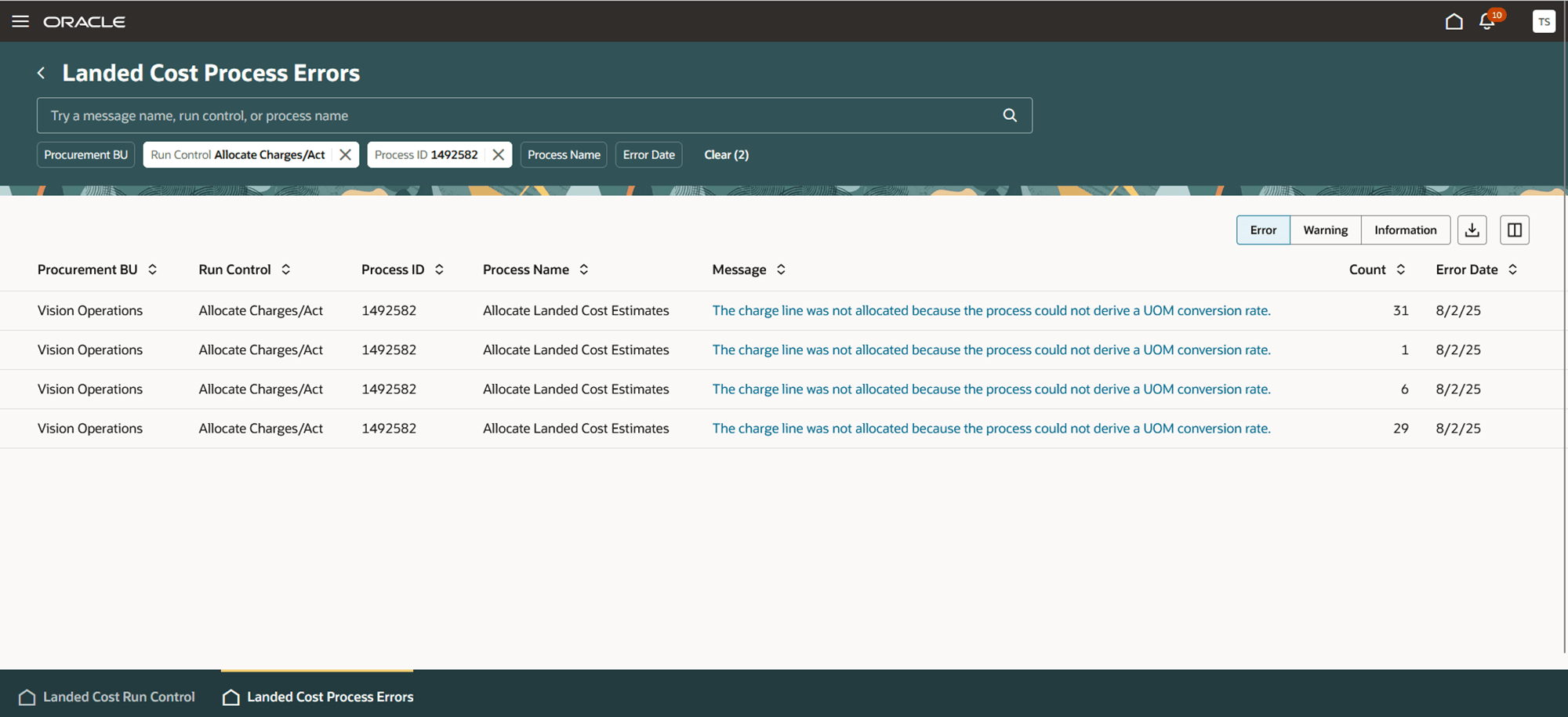 Screenshot for Landed Cost Process Errors Page