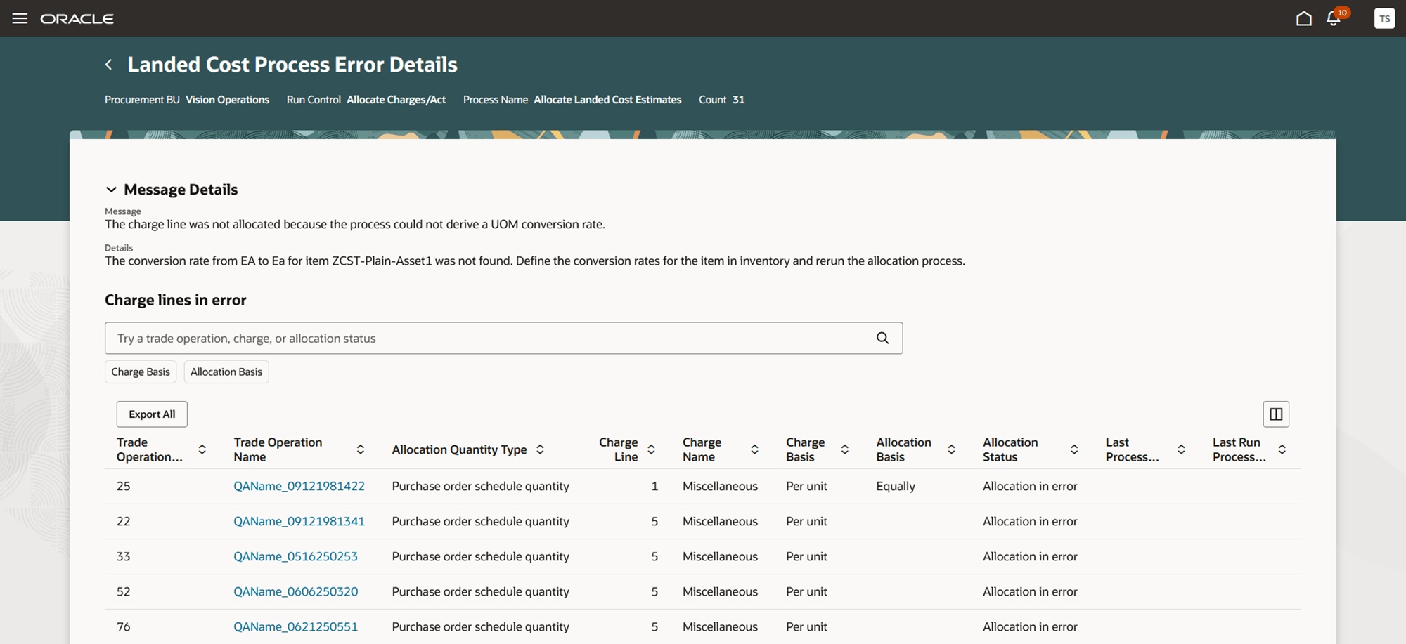 Screenshot for Landed Cost Process Error Details Page