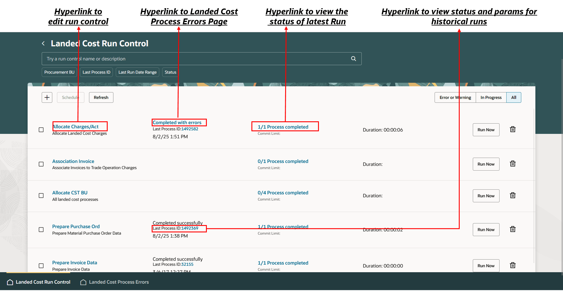 Landed Cost Run Control page with navigation details