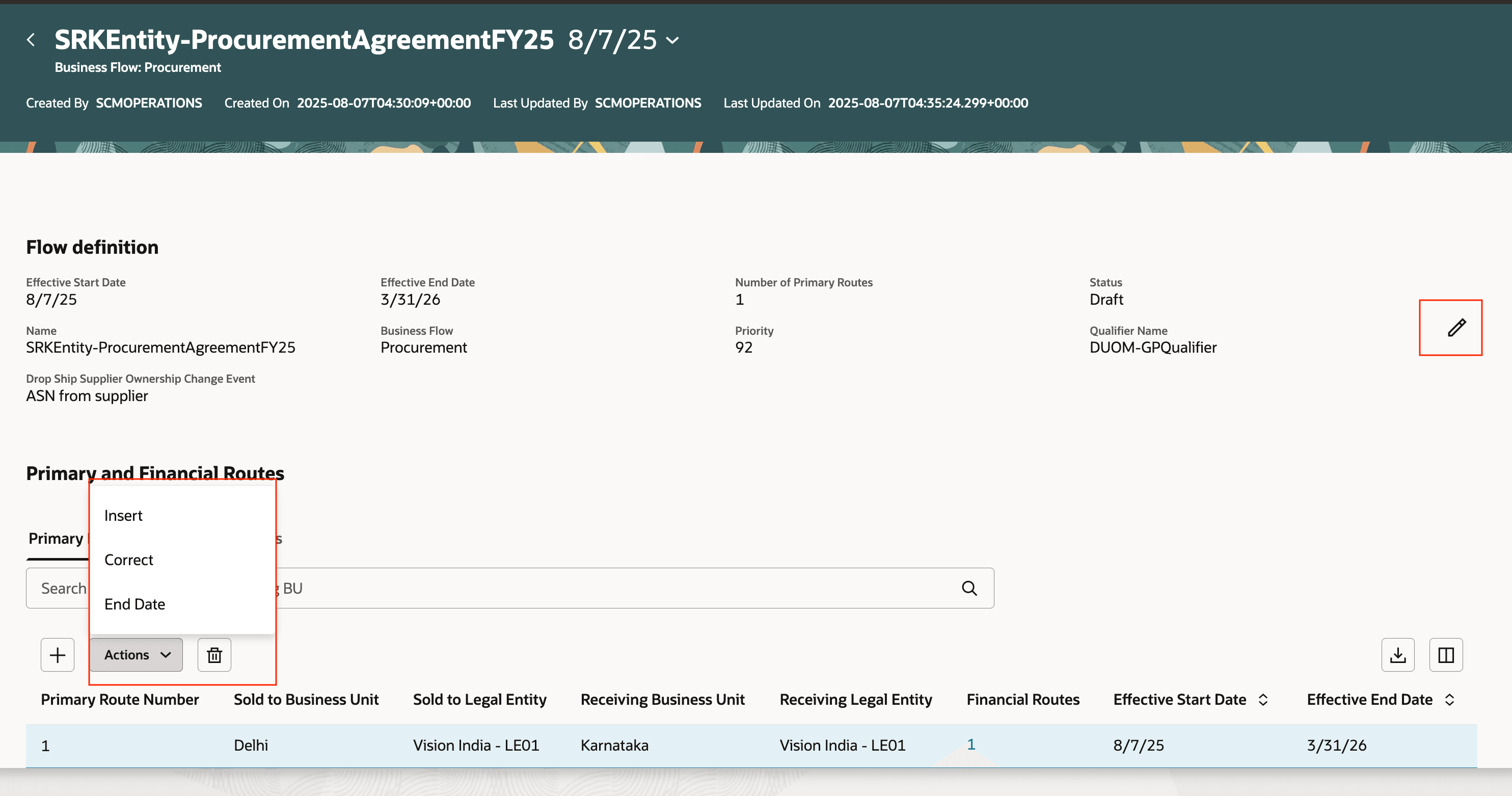 Figure 6 - Financial orchestration flow with primary and financial route details and different actions supported.