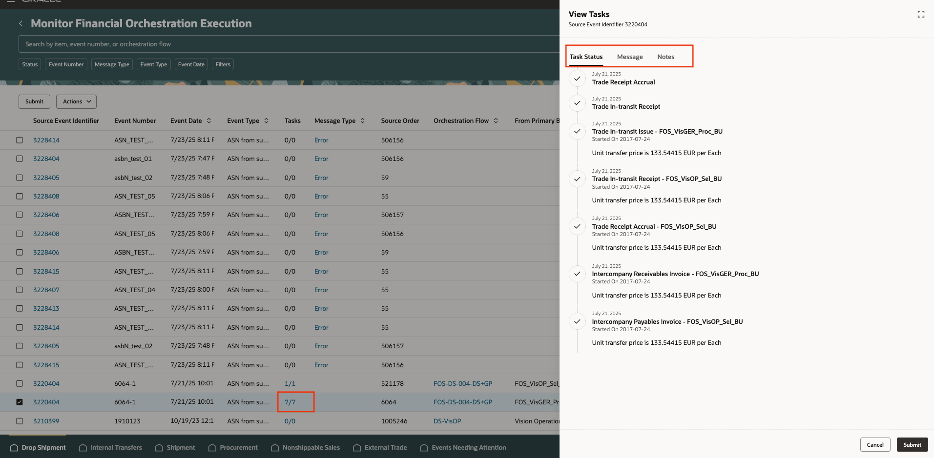 Figure 2 - Quick preview of the status of the orchestration tasks with timeline in the Redwood UI.