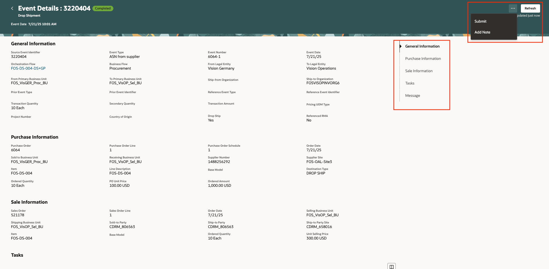Figure 5 - Upon clicking on the event identifier in the search page, view details of the event and anchor to the relevant section for more details with single click.