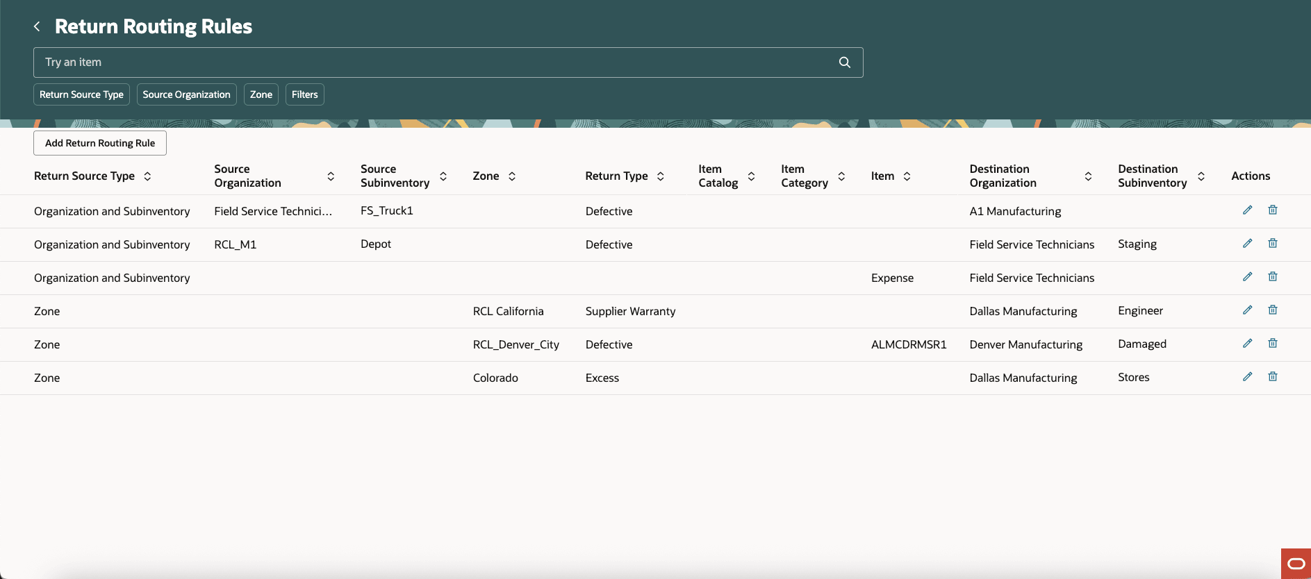 Return Routing Rules Search Page