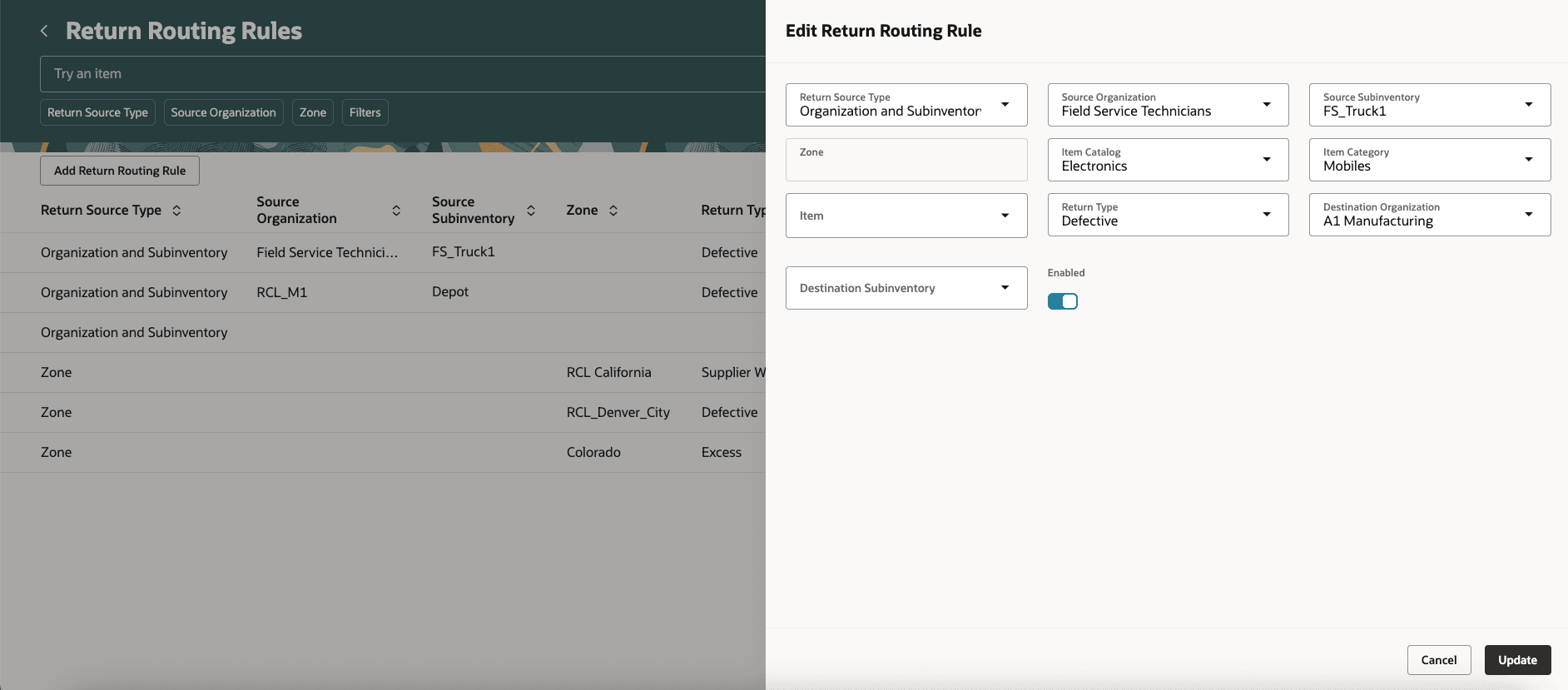 Update Return Routing Rules