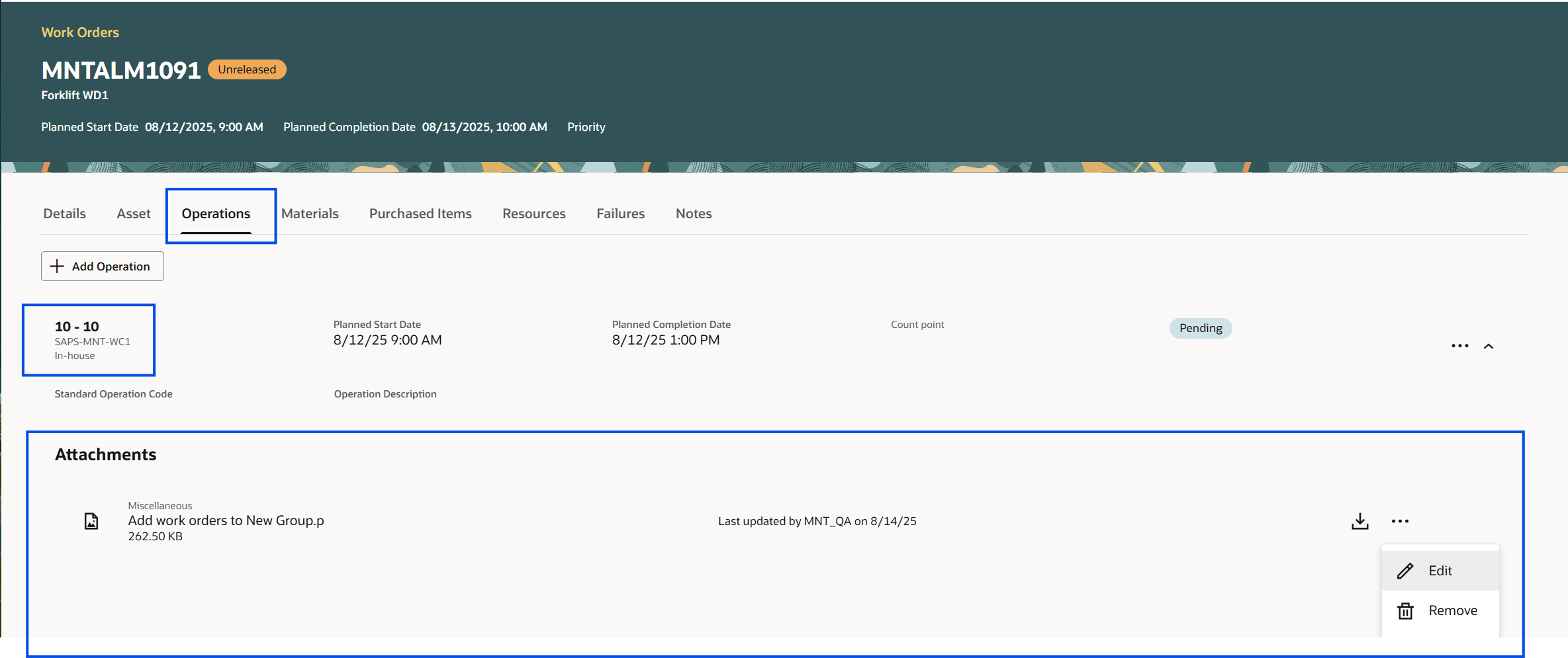 Maintenance Supervision Work Order Operations