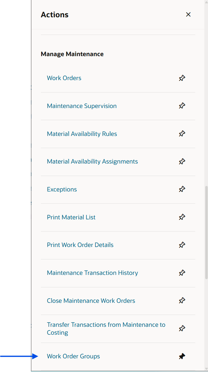 Maintenance Management Landing Page Actions