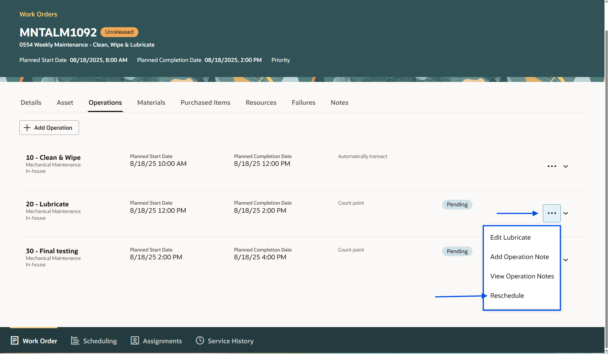 Maintenance Supervision Work Order Operation