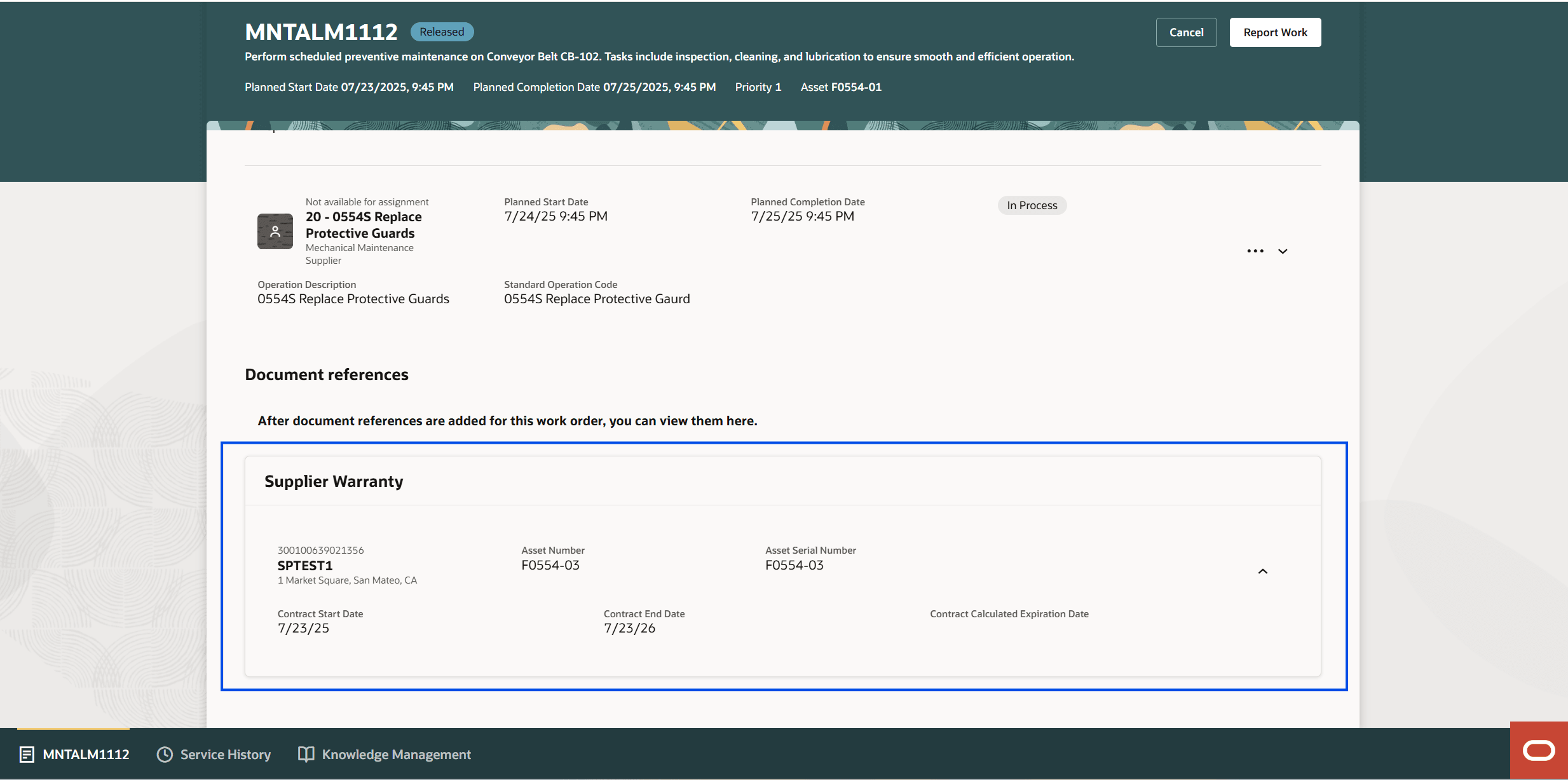 My Maintenance Work - Supplier Warranty Details