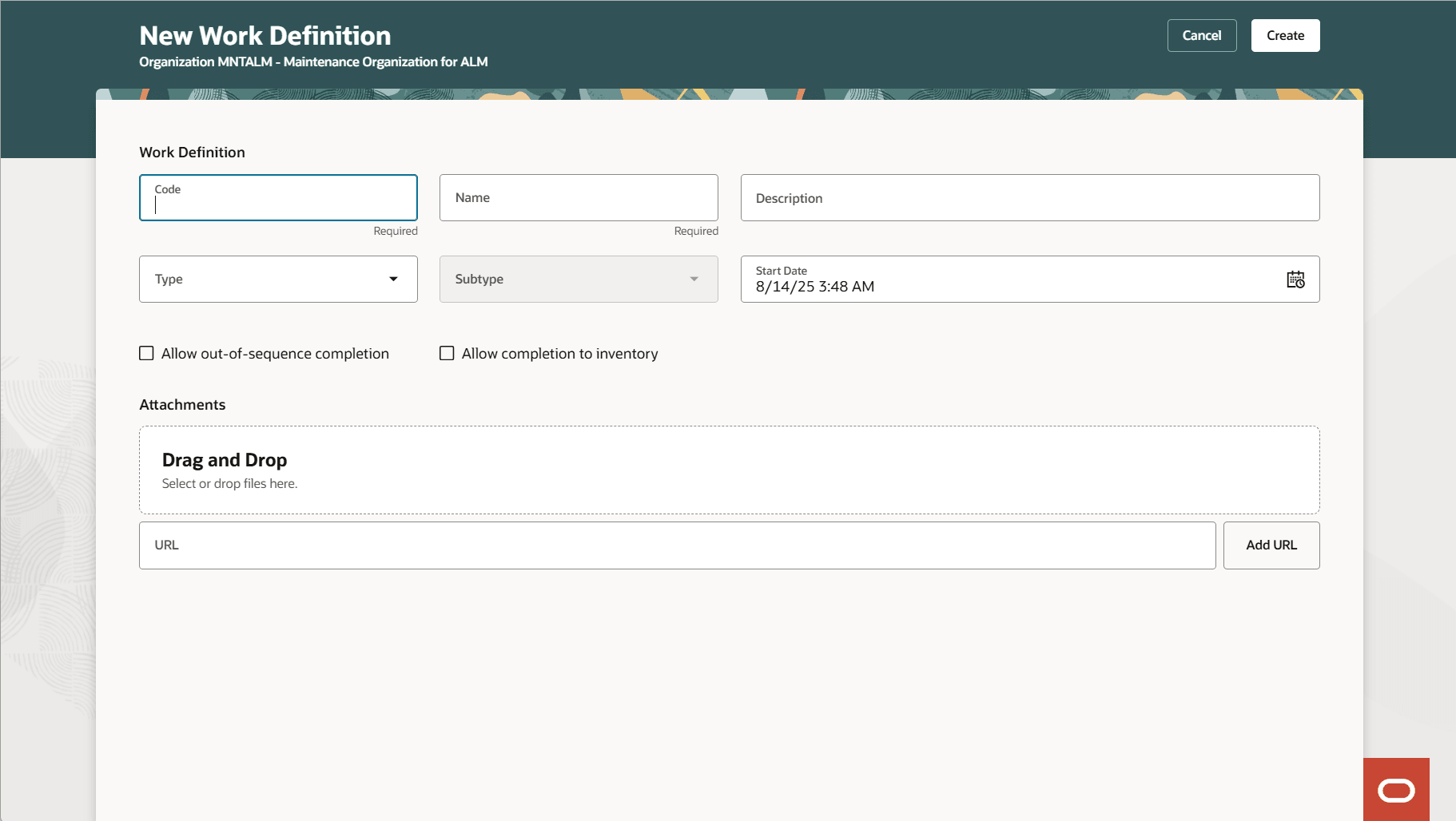 Create new maintenance work definition with the additional attributes