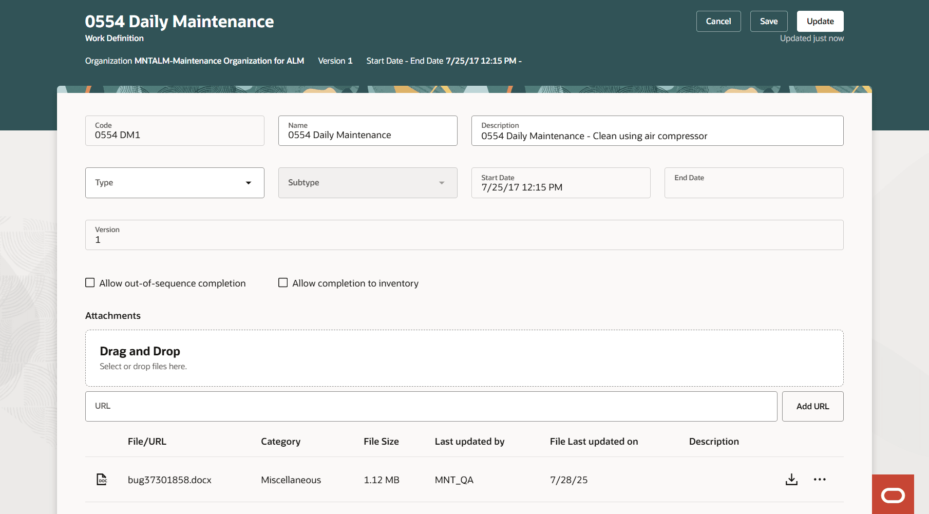 Edit maintenance work definition with the new attributes